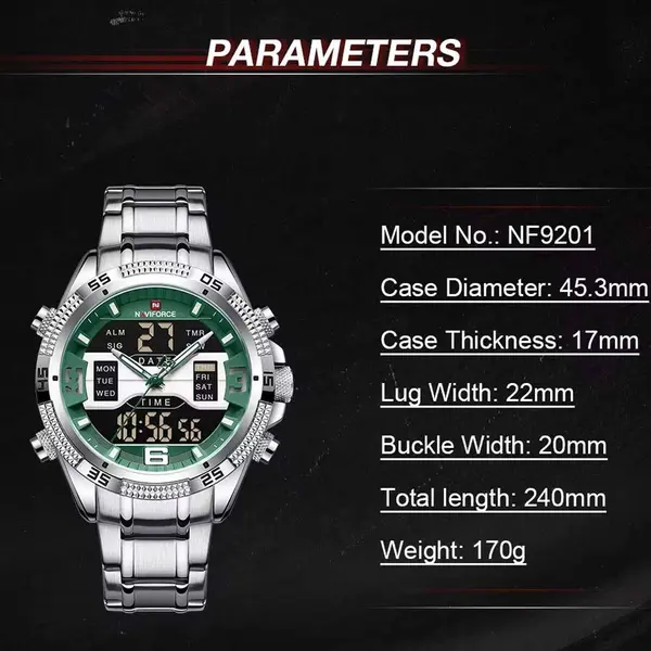 Naviforce NF9201 High Quality Stainless Steel Dual Movement Sport Fashion Men's Watch – Dial Color: Green, Strap Color: Silver – View 3