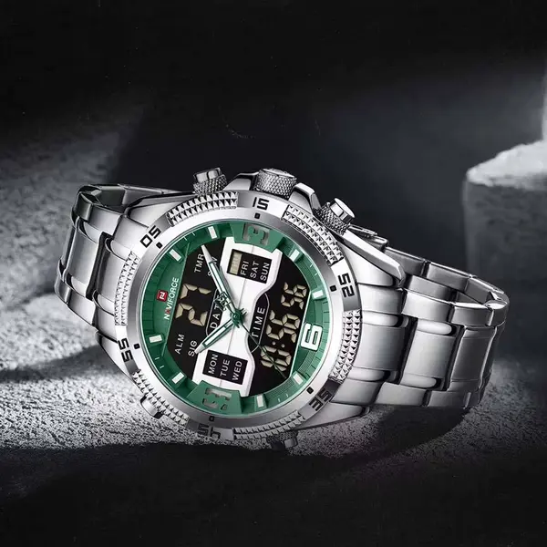 Naviforce NF9201 High Quality Stainless Steel Dual Movement Sport Fashion Men's Watch – Dial Color: Green, Strap Color: Silver – View 4
