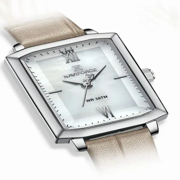 Naviforce NF5039 Leather Strap Waterproof Quartz Analog Women's Watch – Dial Color: White, Strap Color: Grey – View 3
