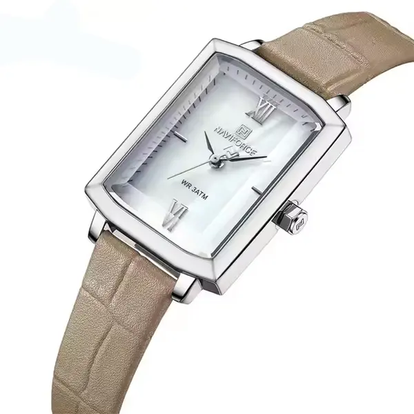 Naviforce NF5039 Leather Strap Waterproof Quartz Analog Women's Watch – Dial Color: White, Strap Color: Grey – View 2