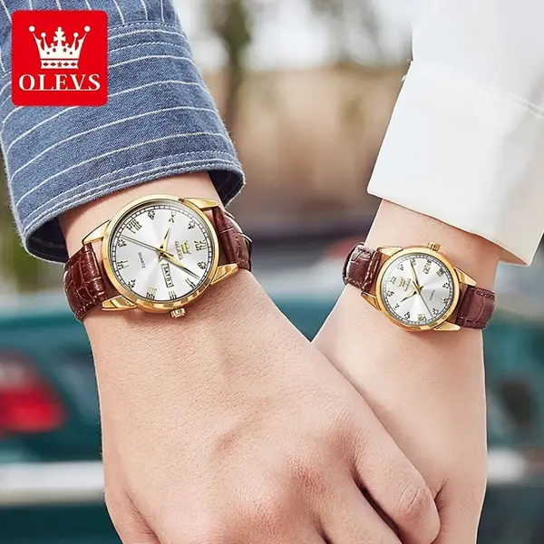 OLEVS 6896 Business Leather Strap Diamond Studded Gold Dial Waterproof Analog Wristwatch – Dial Color: White, Strap Color: Brown – View 3