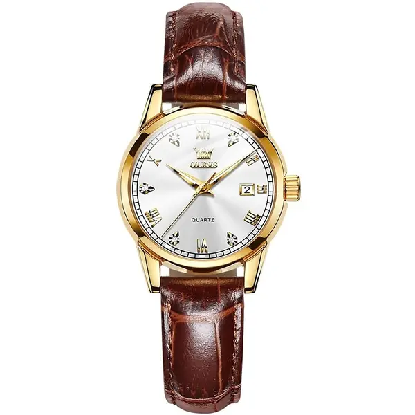 OLEVS 6896 Business Leather Strap Diamond Studded Gold Dial Waterproof Analog Wristwatch – Dial Color: White, Strap Color: Brown – View 1