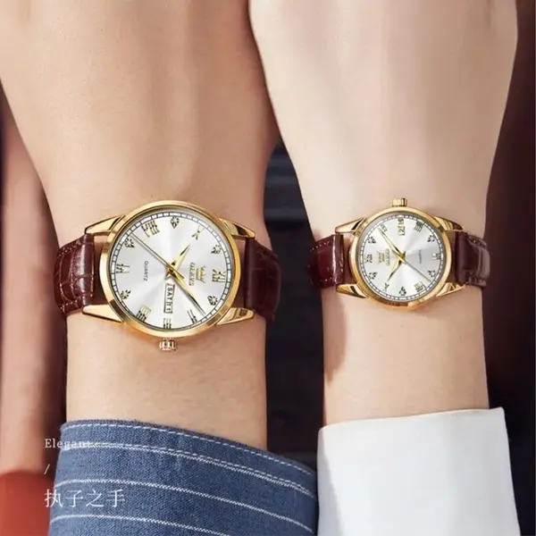 OLEVS 6896 Business Leather Strap Diamond Studded Gold Dial Waterproof Analog Wristwatch – Dial Color: White, Strap Color: Brown – View 6