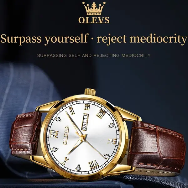 OLEVS 6896 Business Leather Strap Diamond Studded Gold Dial Waterproof Analog Wristwatch – Dial Color: White, Strap Color: Brown – View 5