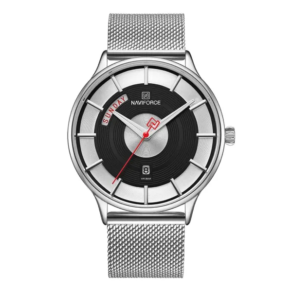 Naviforce NF3007 Luxury Stainless Steel Sports Men's Watch – Dial Color: Black, Strap Color: Silver – View 1