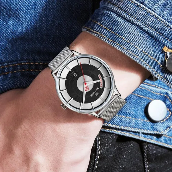 Naviforce NF3007 Luxury Stainless Steel Sports Men's Watch – Dial Color: Black, Strap Color: Silver – View 5