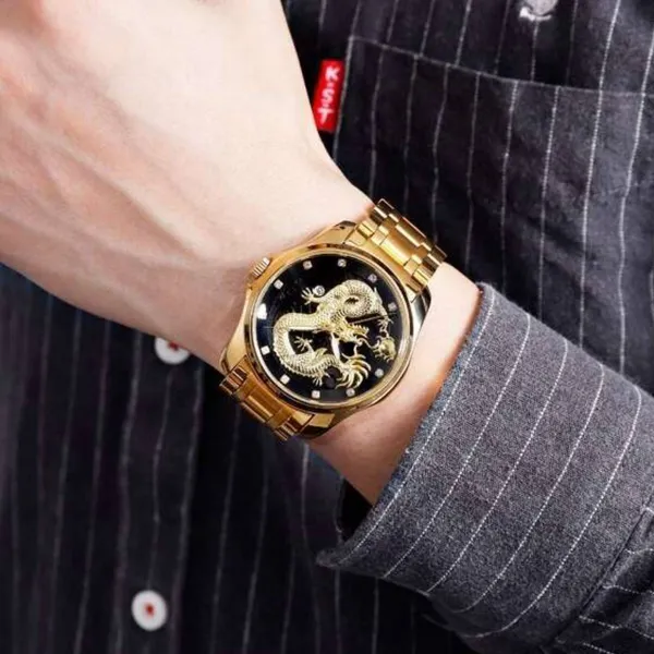 SKMEI 9193 Stainless Steel Fashion Business Men's Watch – Dial Color: Black, Strap Color: Gold – View 3