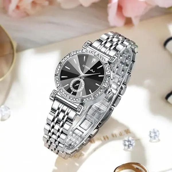 CRRJU 2494 Classic Fashion Rhinestone Diamond Movement Analog Dress  Women Watch – Dial Color: Black, Strap Color: Silver – View 3