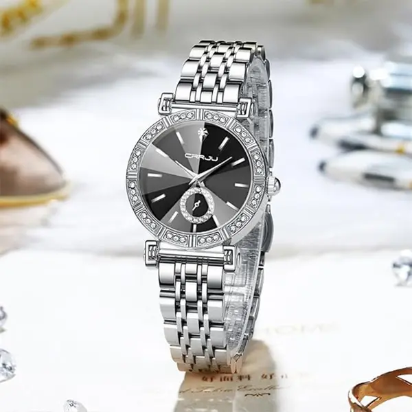 CRRJU 2494 Classic Fashion Rhinestone Diamond Movement Analog Dress  Women Watch – Dial Color: Black, Strap Color: Silver – View 4
