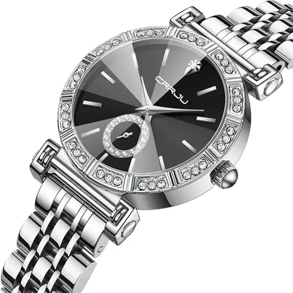CRRJU 2494 Classic Fashion Rhinestone Diamond Movement Analog Dress  Women Watch – Dial Color: Black, Strap Color: Silver – View 2