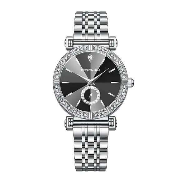 CRRJU 2494 Classic Fashion Rhinestone Diamond Movement Analog Dress  Women Watch – Dial Color: Black, Strap Color: Silver – View 1