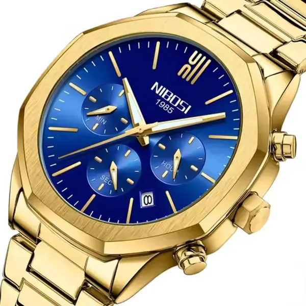 Nibosi 2519 Stainless Steel Quartz Chronograph Fashionable Men's Watch – Dial Color: Blue, Strap Color: Gold – View 2