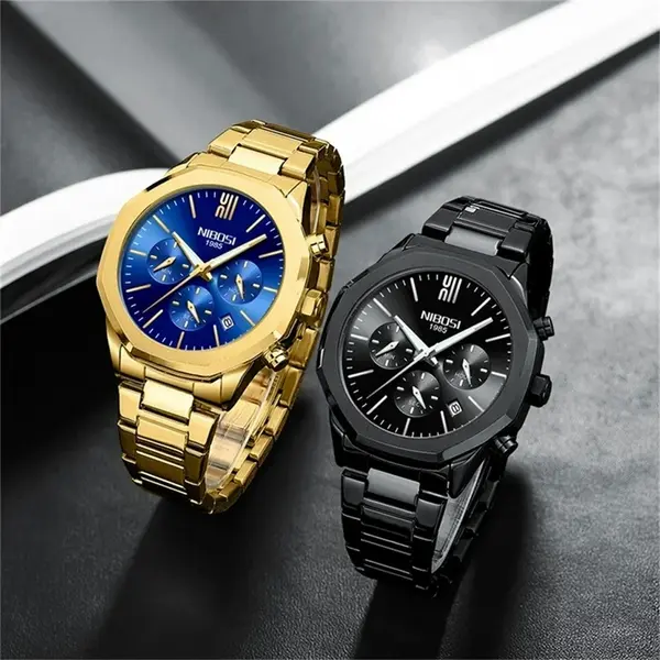 Nibosi 2519 Stainless Steel Quartz Chronograph Fashionable Men's Watch – Dial Color: Blue, Strap Color: Gold – View 3