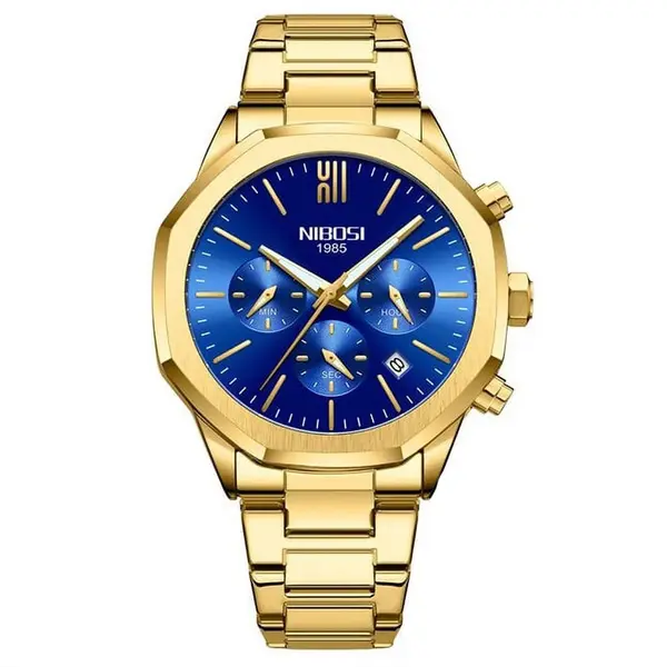 Nibosi 2519 Stainless Steel Quartz Chronograph Fashionable Men's Watch – Dial Color: Blue, Strap Color: Gold – View 1