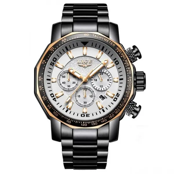 LIGE 9871 Stainless Steel Analog Quartz Casual Men's Watch – Dial Color: White, Strap Color: Black – View 1