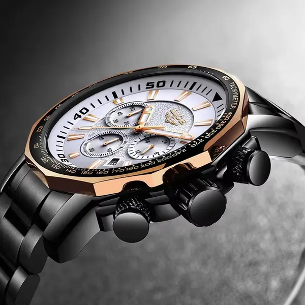LIGE 9871 Stainless Steel Analog Quartz Casual Men's Watch – Dial Color: White, Strap Color: Black – View 2
