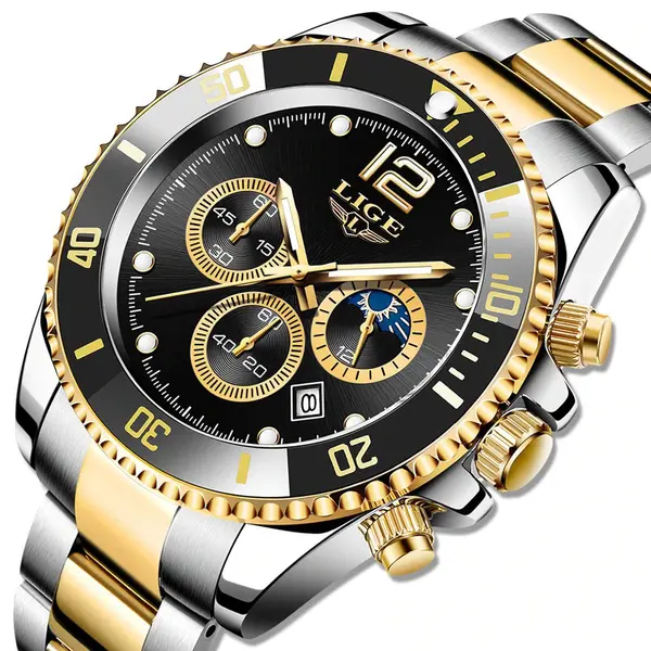 LIGE 8924 Analog Moon Phase High Quality Stainless Steel Men's Watch – Dial Color: Black, Strap Color: Gold – View 2