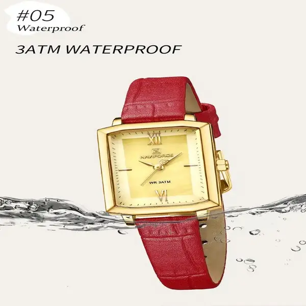 Naviforce NF5039 Leather Strap Waterproof Quartz Analog Women's Watch – Dial Color: Gold, Strap Color: Red – View 3