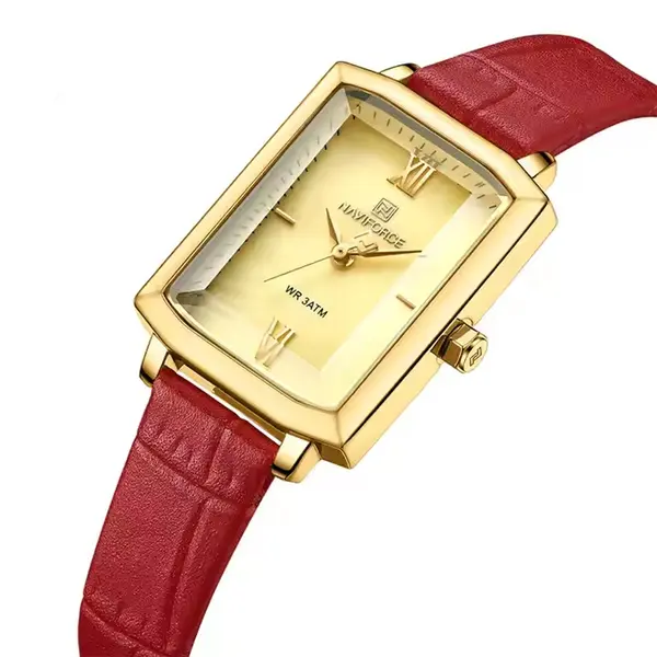 Naviforce NF5039 Leather Strap Waterproof Quartz Analog Women's Watch – Dial Color: Gold, Strap Color: Red – View 2