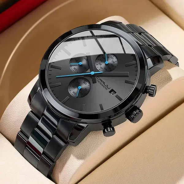 CRRJU 2287 Comfortable Stainless Steel Multifunctional Analog Quartz Mens Watch – Dial Color: Blue, Strap Color: Black – View 2