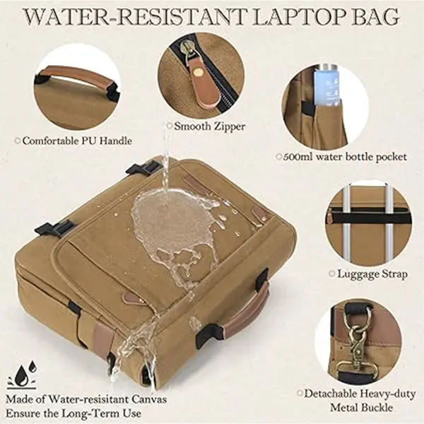 RAINSMORE Men 17.3 Inch Water-resistant Canvas Computer Office Work Bag – Color: Brown – View 3