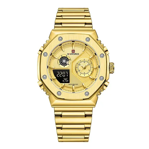 NAVIFORCE NF9216S Dual Time Display Analog Quartz Man's Watch – Dial Color: Gold, Strap Color: Gold  – View 1