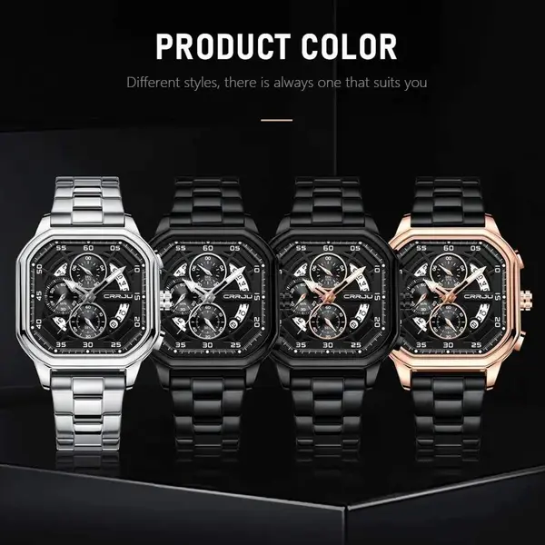 CRRJU 2314 Stainless Steel Square Dial Quartz Luxury Fashion Men's Watch – Dial Color: Rose Black, Strap Color: Black – View 2