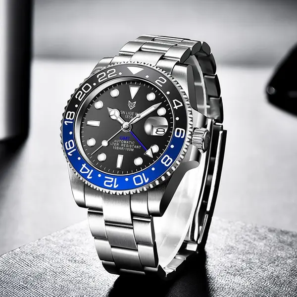 LIGE 6805 Stainless Steel 100ATM Analog Mechanical Casual Men's Watch – Dial Color: Black, Strap Color: Silver – View 3