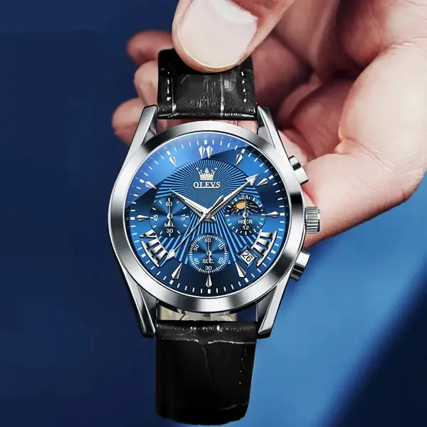 OLEVS 2876 Luxury Leather Strap Chronograph Analog Quartz Wristwatch for Men – Dial Color: Blue, Strap Color: Black – View 3