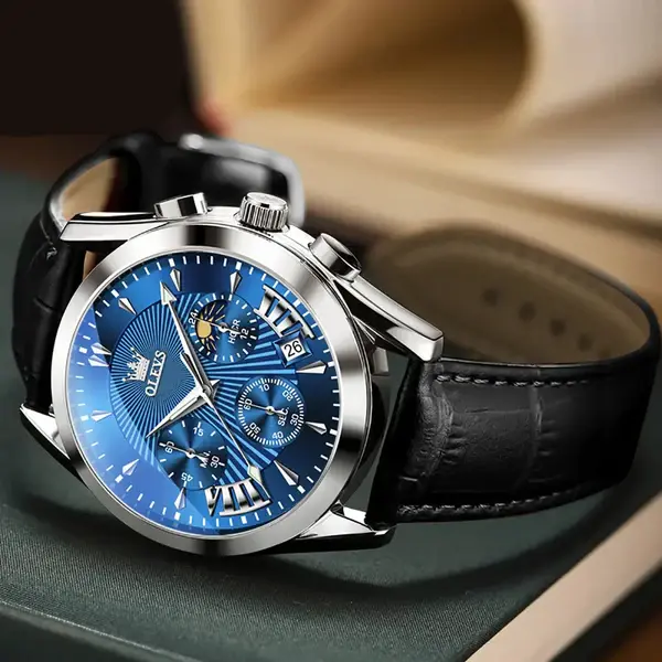OLEVS 2876 Luxury Leather Strap Chronograph Analog Quartz Wristwatch for Men – Dial Color: Blue, Strap Color: Black – View 4