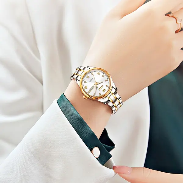 Olevs 5563 Diamond Studded Stainless Steel Waterproof Quartz Analog Watch for Couples – Dial Color: White, Strap Color: White Gold – View 5