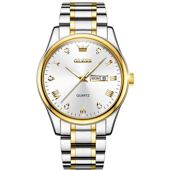 Olevs 5563 Diamond Studded Stainless Steel Waterproof Quartz Analog Watch for Couples – Dial Color: White, Strap Color: White Gold – View 3