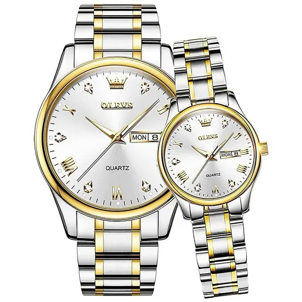 Olevs 5563 Diamond Studded Stainless Steel Waterproof Quartz Analog Watch for Couples – Dial Color: White, Strap Color: White Gold – View 1