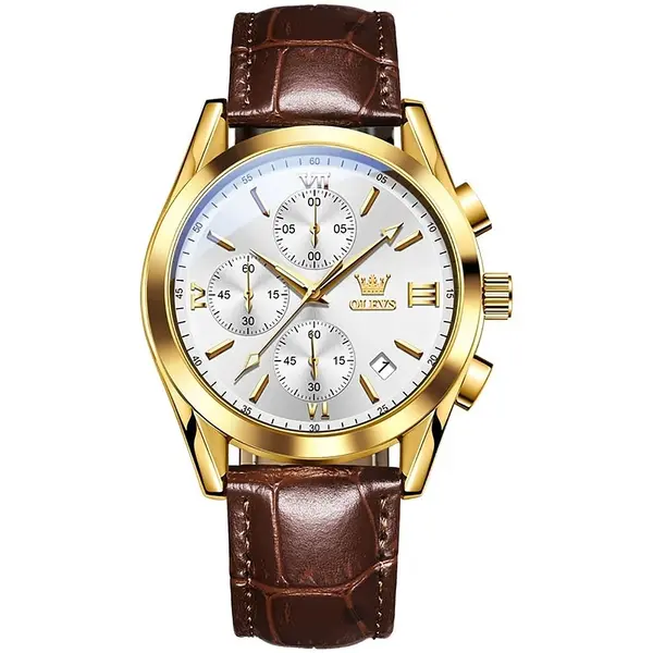 OLEVS 2872 Golden Sophistication Leather Chronograph Men's Quartz Watch – Dial Color: White Gold, Strap Color:  Brown  – View 1