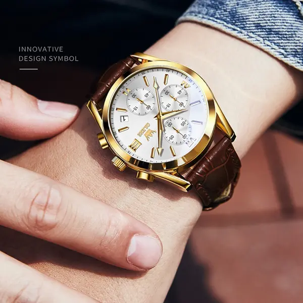 OLEVS 2872 Golden Sophistication Leather Chronograph Men's Quartz Watch – Dial Color: White Gold, Strap Color:  Brown  – View 2