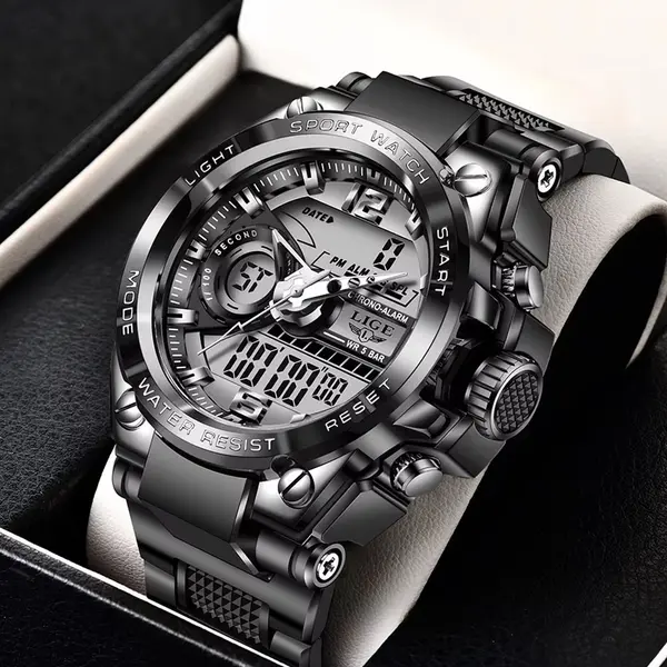 LIGE 8922 Premium Dual Time Silicon Strap Men's Fashion Watch – Dial Color: Black, Strap Color: Black – View 2