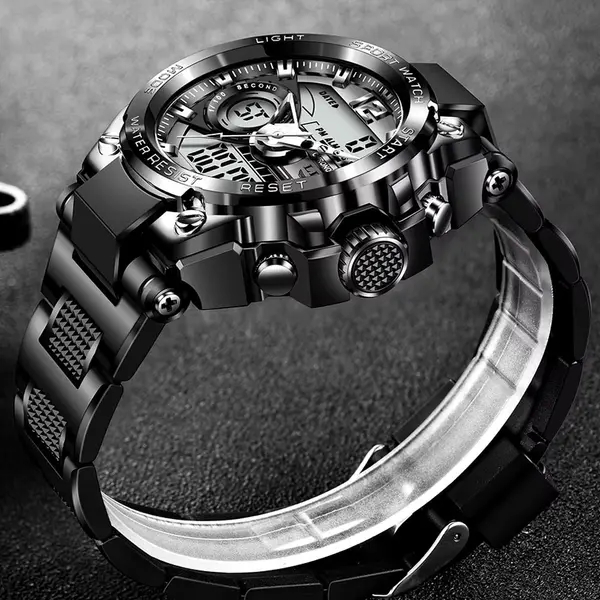 LIGE 8922 Premium Dual Time Silicon Strap Men's Fashion Watch – Dial Color: Black, Strap Color: Black – View 3