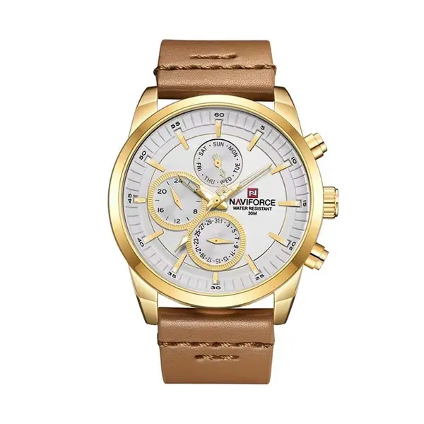 Naviforce NF9148 Custom Luxury Leather Strap Quartz Casual Men's Watch – Dial Color: Gold, Strap Color:  Brown  – View 1