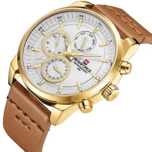 Naviforce NF9148 Custom Luxury Leather Strap Quartz Casual Men's Watch – Dial Color: Gold, Strap Color:  Brown  – View 3