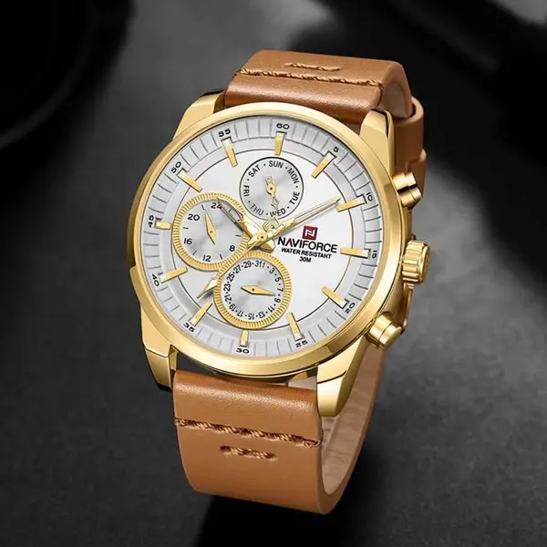 Naviforce NF9148 Custom Luxury Leather Strap Quartz Casual Men's Watch – Dial Color: Gold, Strap Color:  Brown  – View 4