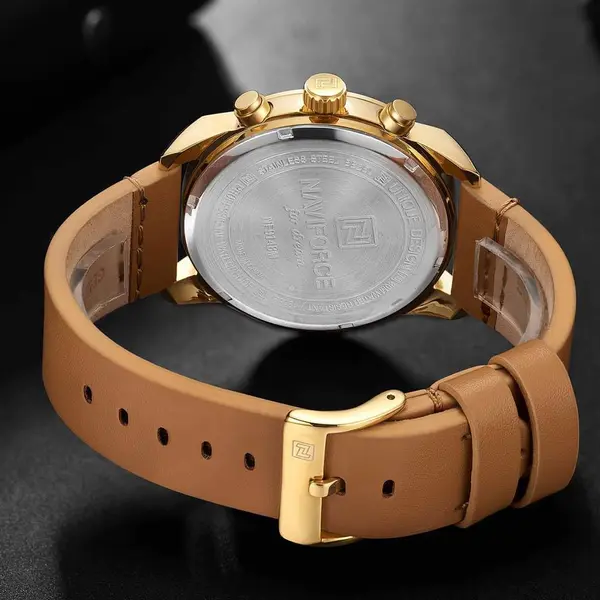 Naviforce NF9148 Custom Luxury Leather Strap Quartz Casual Men's Watch – Dial Color: Gold, Strap Color:  Brown  – View 6