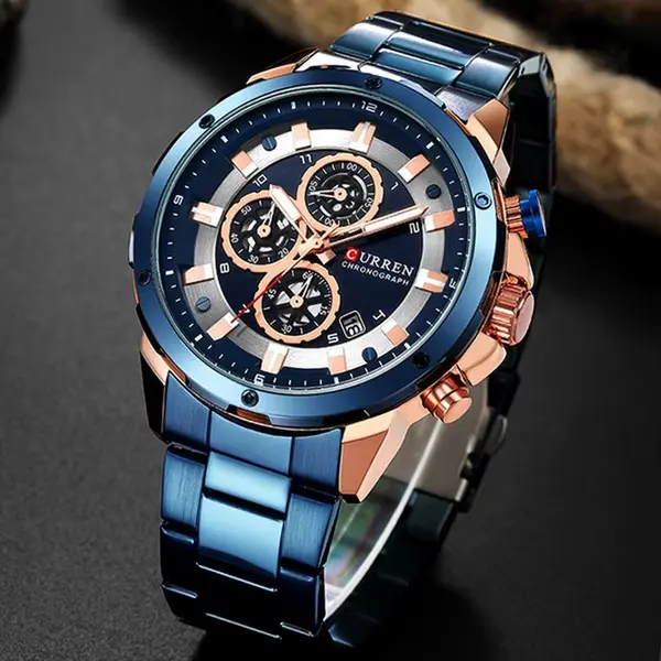 Curren 8323 Luxury Quartz Stainless Steel Chronograph Men's Watch – Dial Color: Sky Blue, Strap Color: Sky Blue – View 3
