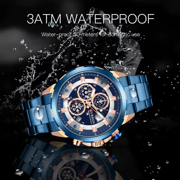 Curren 8323 Luxury Quartz Stainless Steel Chronograph Men's Watch – Dial Color: Sky Blue, Strap Color: Sky Blue – View 4