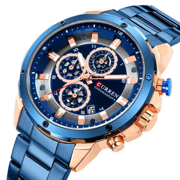 Curren 8323 Luxury Quartz Stainless Steel Chronograph Men's Watch – Dial Color: Sky Blue, Strap Color: Sky Blue – View 2