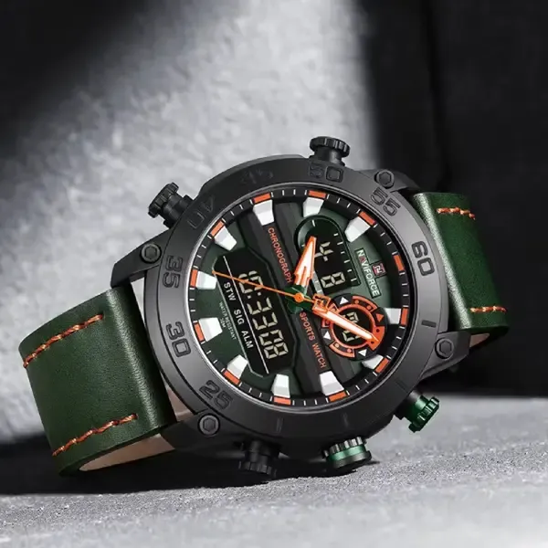 Naviforce 9235 Genuine Leather Dual Display Luxury Fashion Men's Watch – Dial Color: Green, Strap Color: Green  – View 2