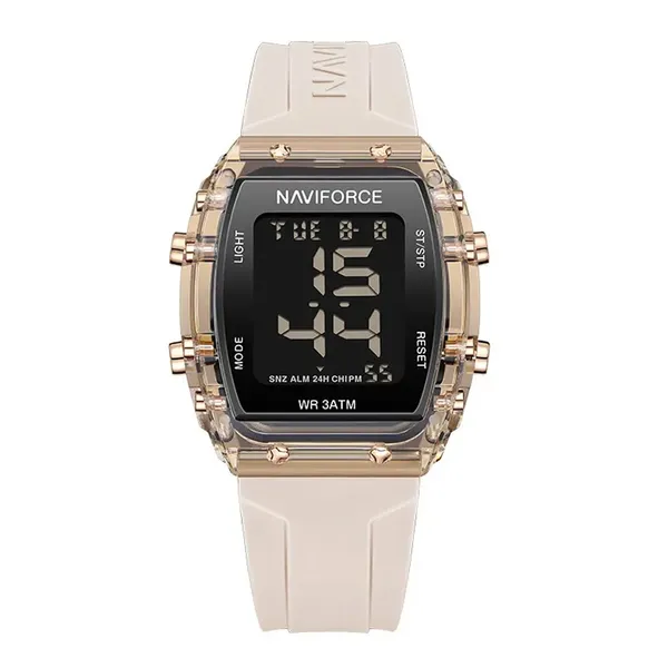 NAVIFORCE 7102 Transparent Digital Date Children’s Sports Watch – Dial Color: Black, Strap Color: Rose – View 1