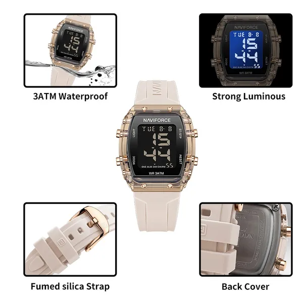 NAVIFORCE 7102 Transparent Digital Date Children’s Sports Watch – Dial Color: Black, Strap Color: Rose – View 3