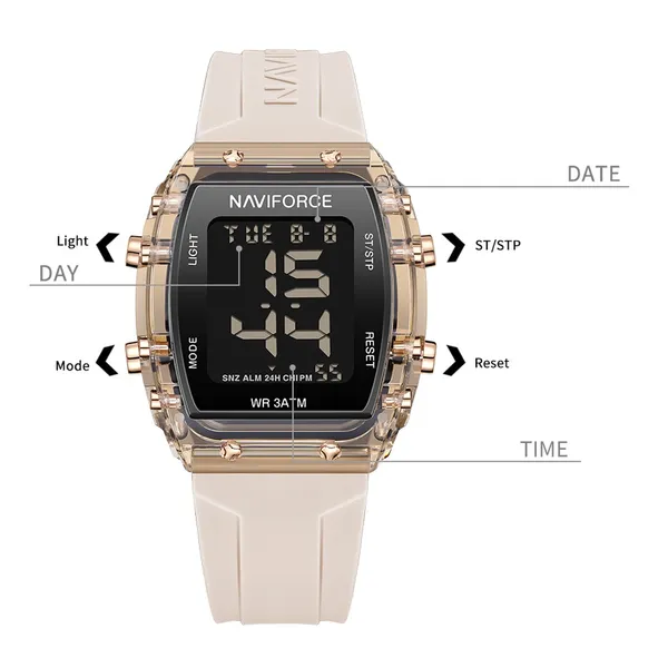NAVIFORCE 7102 Transparent Digital Date Children’s Sports Watch – Dial Color: Black, Strap Color: Rose – View 4