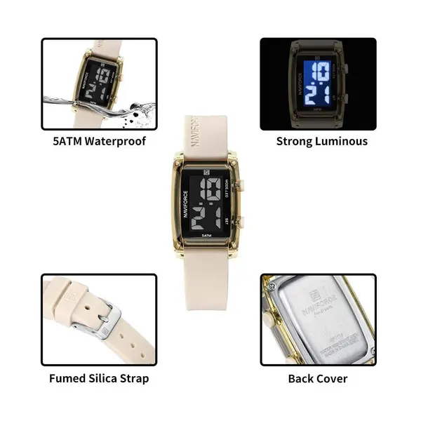 Naviforce NF7118 Comfortable Silicone Starp Digital Fashion Women's Watch – Dial Color: Black, Strap Color: White – View 3