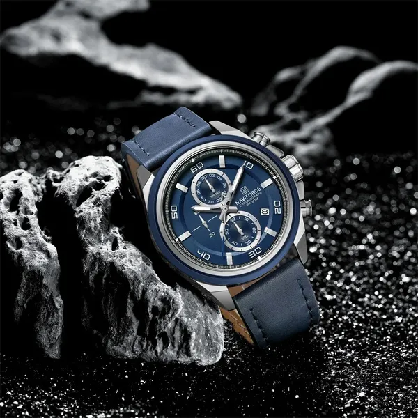 Naviforce 8075 Luxury Genuine Leather Straps Chronograph Sports Men's Watch – Dial Color: Blue, Strap Color: Blue – View 2